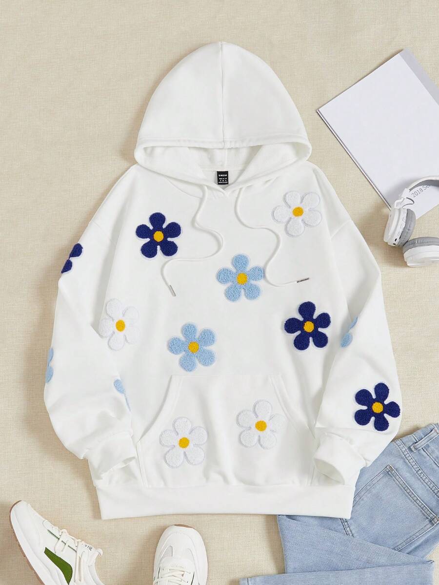 SHEIN EZwear 花卉贴片袋鼠口袋落肩抽绳连帽衫，长袖上衣 - 白色 - 查看 1