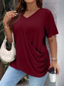 EMERY ROSE T-shirt arricciata e avvolta tinta unita di taglia forte - Bordò - Visualizzare 4