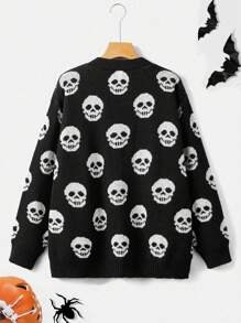 Sweetra Plus Size Halloween Skull Pattern Drop Shoulder Cardigan Fall Winter Cloth For Women