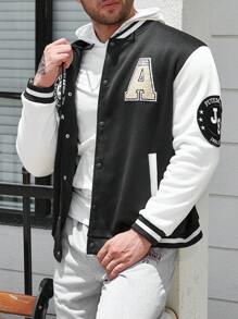 Manfinity Homme Men Plus Letter Graphic Striped Trim Varsity Jacket Without Hoodie - Black and White - View 8