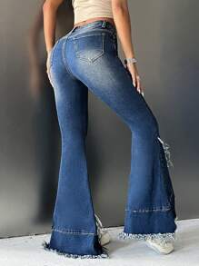 SHEIN ICON 拉鍊 鈕扣 口袋純色女士牛仔褲 - 深色水洗藍 - 查看 3