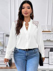 Vionelle Plus Contrast Lace Notched Neckline Shirt Fall Cloth For Women - White - View 3