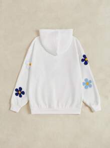 SHEIN EZwear 花卉贴片袋鼠口袋落肩抽绳连帽衫，长袖上衣 - 白色 - 查看 2