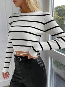 EURMUSE 條紋圖案十字交叉後綁帶短款毛衣 - 白色 - 查看 3