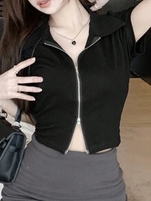 Kaos Kasual Lengan Pendek Model Crop Tanpa Lengan Leher Bulat Warna Polos Desain Resleting Ganda Musim Panas Warna Hitam - Hitam - View 6