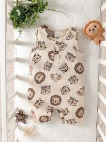 SHEIN Baby Boy Lion Print Half Button Tank Romper