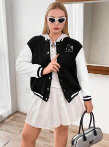 Flirla 大碼字母貼布條紋飾邊落肩袖雙色學院風夾克 - 黑色 - 查看 5