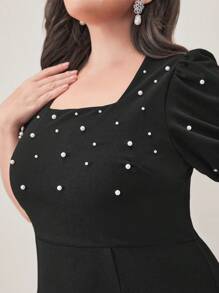 Modelyn Plus Pearls Beaded Puff Sleeve Mermaid Hem Dress