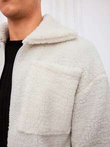 SHEIN Cottnline Men 1pc Zip Up Drop Shoulder Teddy Jacket - White - View 4