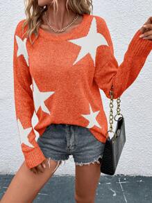 EMERY ROSE Suéter de punto con caída de hombros y estampado de estrellas para otoño e invierno - Naranja - Ver 5