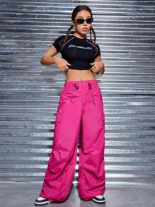 SHEIN Coolane 腰部抽繩翻蓋口袋降落傘褲 - 玫紅色 - 查看 6