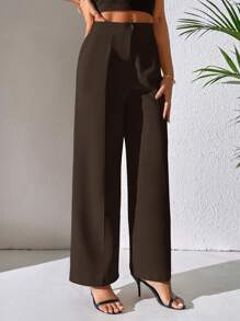 SHEIN PETITE 素色闊腿褲 - 咖啡棕 - 查看 3