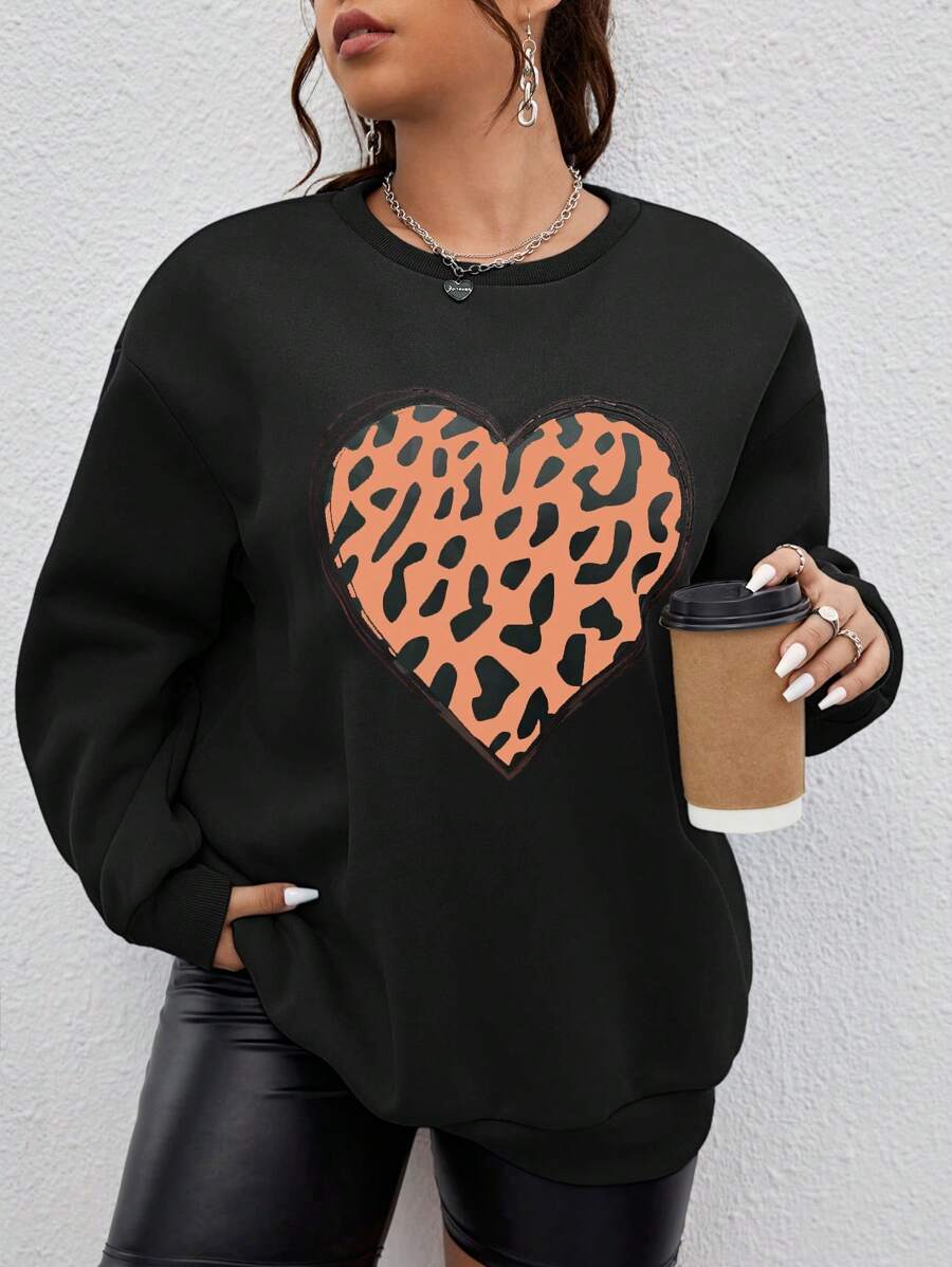 SHEIN LUNE Áo nỉ Plus Size Hình học Tim Giải trí - màu đen - Xem 1