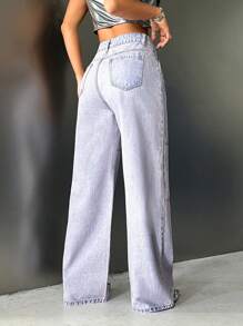 SHEIN ICON Top-stitching Wide Leg Jeans - Mauve Purple - View 2