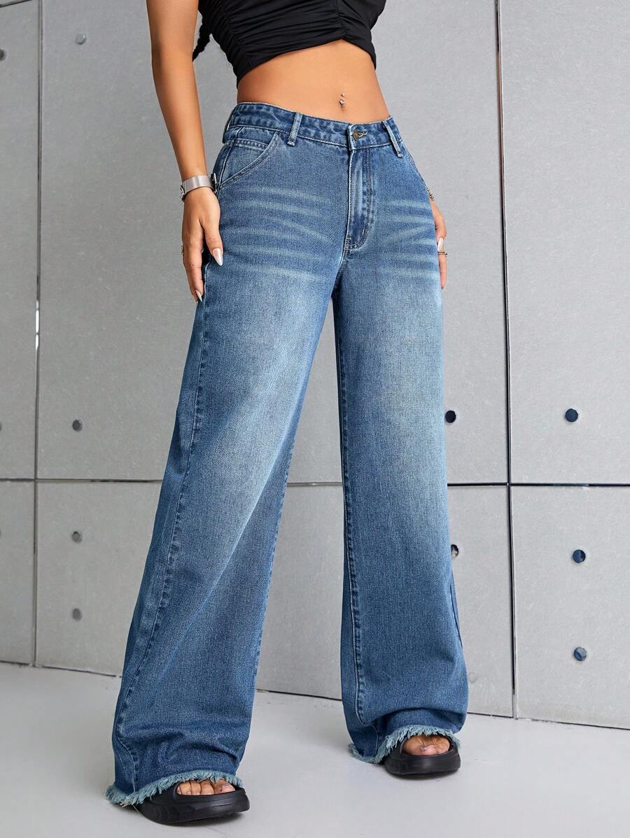 SHEIN ICON Raw Hem Wide Leg Jeans - Medium Wash - View 1