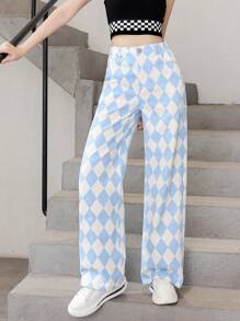 青少年女孩菱形印花闊腿牛仔褲 - 藍白色 - 查看 5