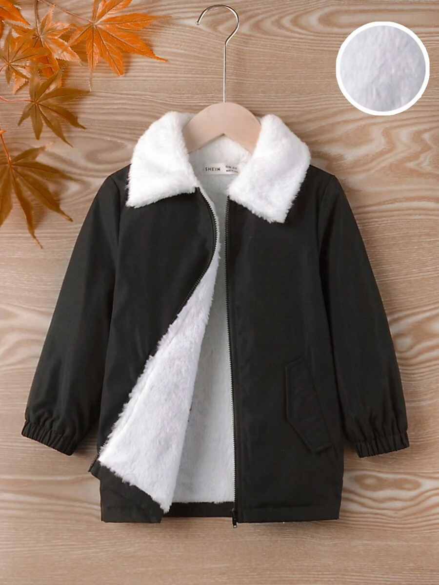 SHEIN Young Boy Borg Collar Teddy Lined Coat - Black - View 1