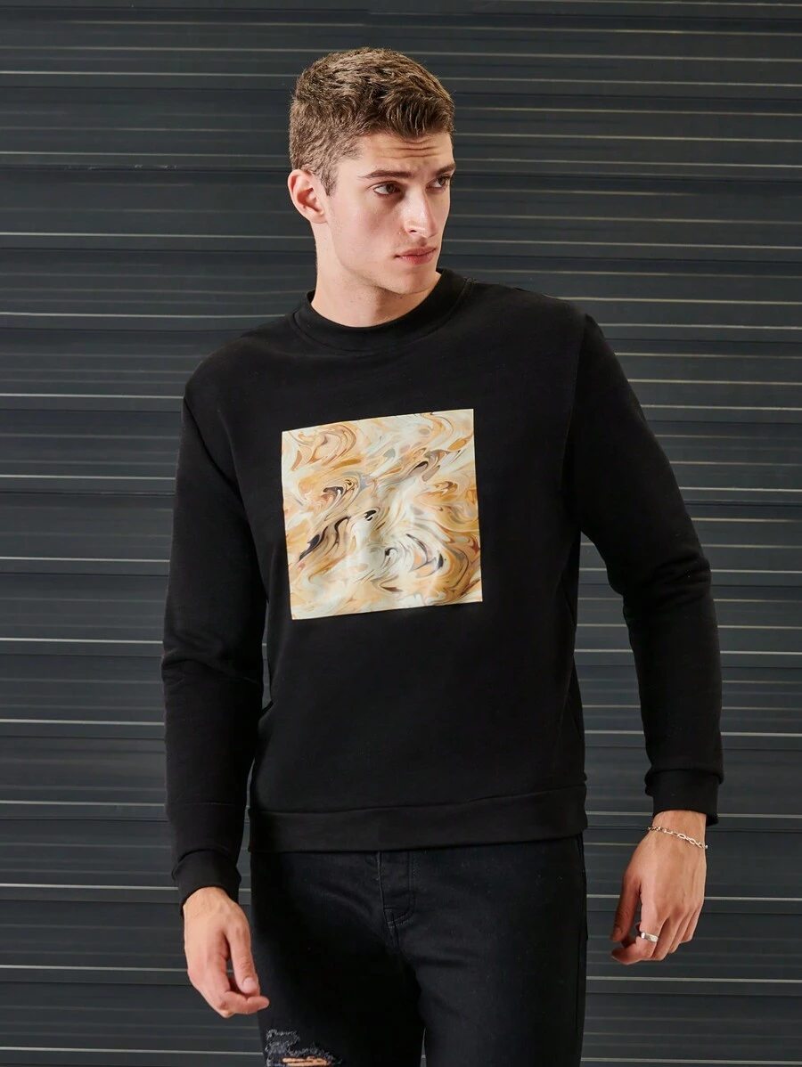RueChic Men Marble Print Sweatshirt - Black - View 1