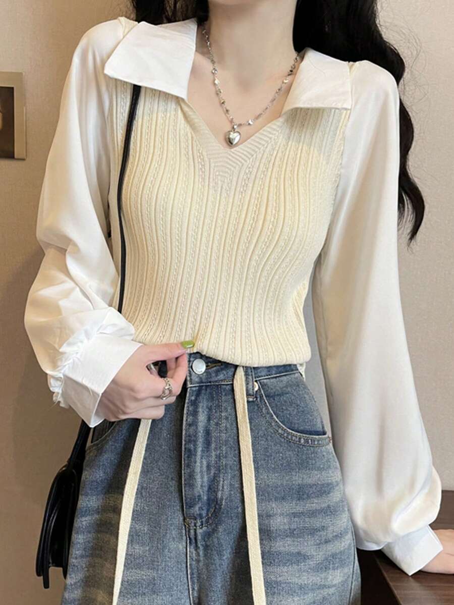 袖子撞色二合一套頭毛衣 - 杏色 - 查看 1