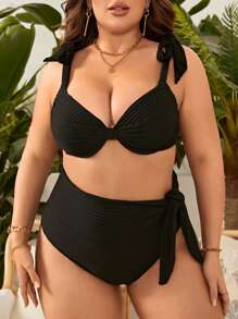 SHEIN Swim Curve Plus Knot Shoulder Push Up Bikini Set - Black - View 3
