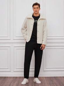SHEIN Cottnline Men 1pc Solid Button Front Teddy Jacket - White - View 4