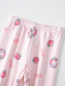 Tween Girl Strawberry Print Tee & Pants PJ Set - Pink - View 3