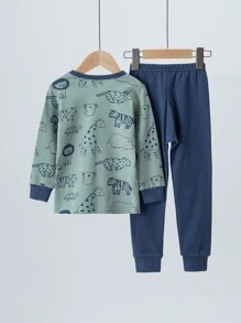 Kleine Jungen langärmeliges Top und Hose aus Tierdruck Homewear-Set, Frühling/Herbst/Winter - Grün - Übersicht 2