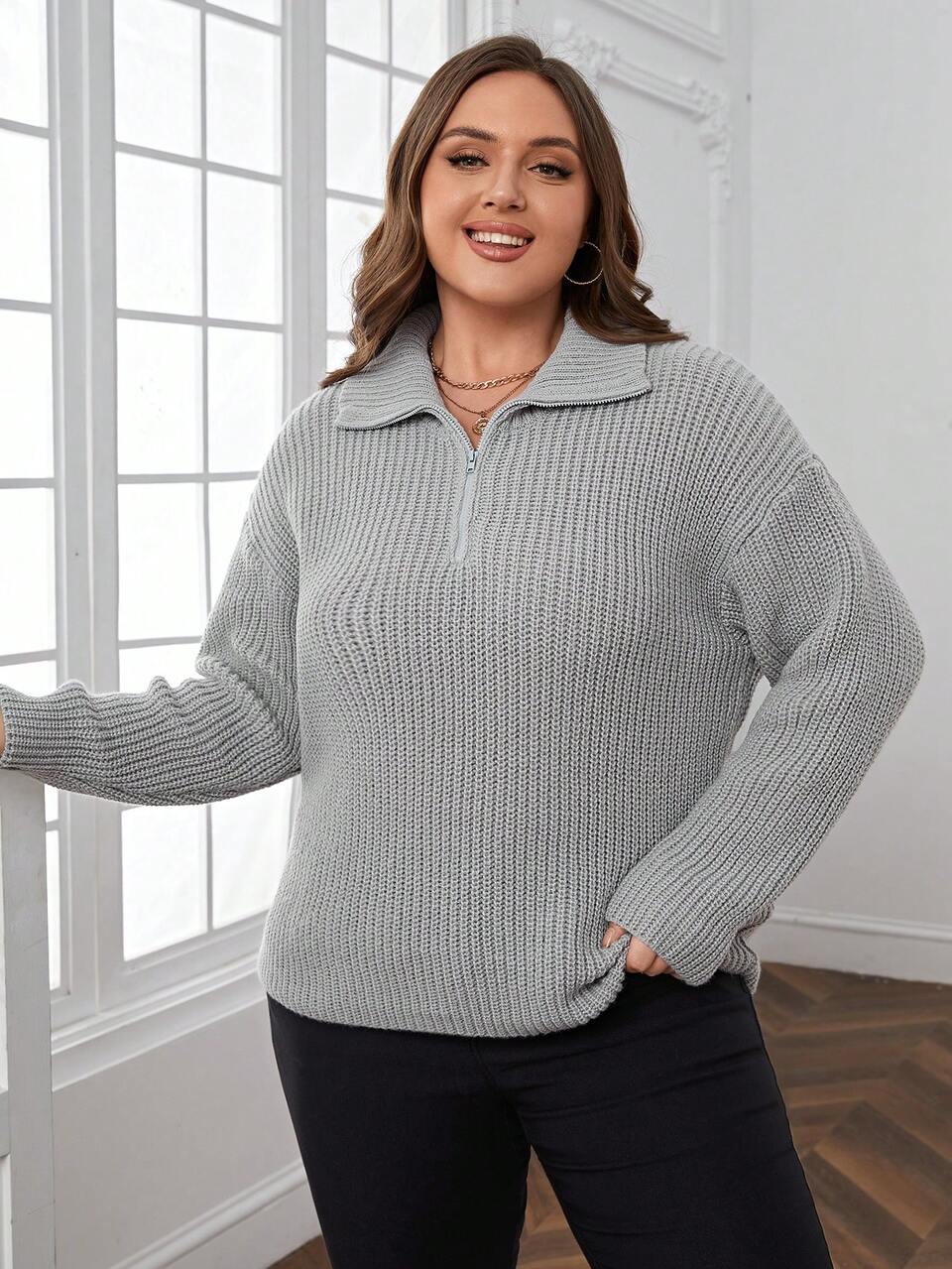 Plus Quarter Zip Drop Shoulder Sweater Fall/Winter