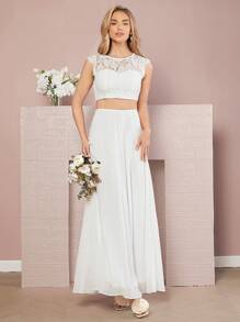 SHEIN Belle Guipure Lace Insert Crop Top & Skirt - White - View 1