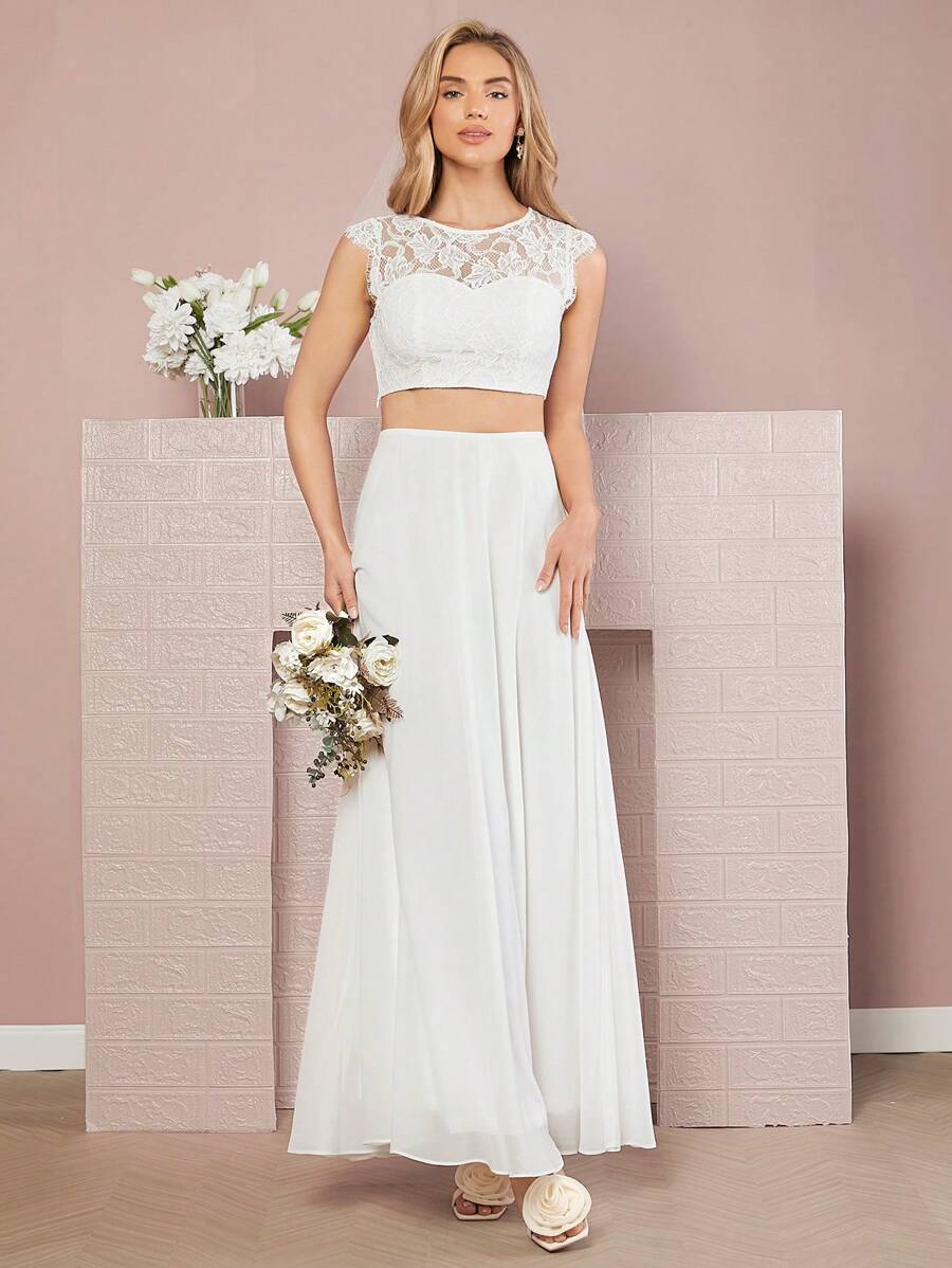SHEIN Belle Guipure Lace Insert Crop Top & Skirt - White - View 1