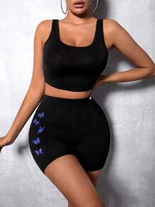 SHEIN SXY Butterfly Print Biker Shorts - Black - View 3