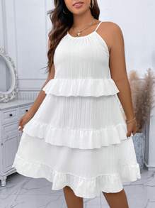 SHEIN LUNE Hơn Viền Ruffle Váy Dây - trắng - Xem 3