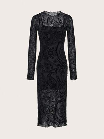 Paisley Print Mesh Bodycon Dress Without Belt