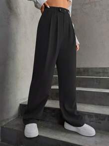 SHEIN Unity 女式纯色褶皱休闲时尚裤 - 黑色 - 查看 3