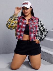 SHEIN EZwear Plus Plaid Print Colorblock Flap Pocket Crop Shirt - Multicolor - View 1