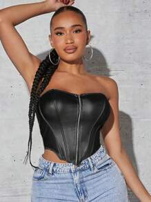 SHEIN SXY Zip Front PU Leather Tube Top - Black - View 3