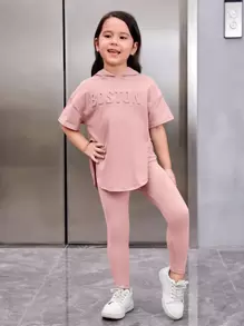 SHEIN Young Girl Letter Pattern Drop Shoulder Hooded Tee & Leggings