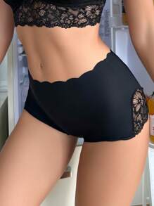 Contrast Lace Scallop Trim Boyshorts - Black - View 1