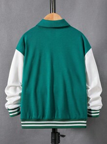 Adolescent Garçon Veste Universitaire À Lettres À Ourlet À Rayures Épaule tombante Bicolore Sans Sweat-Shirt À Capuche