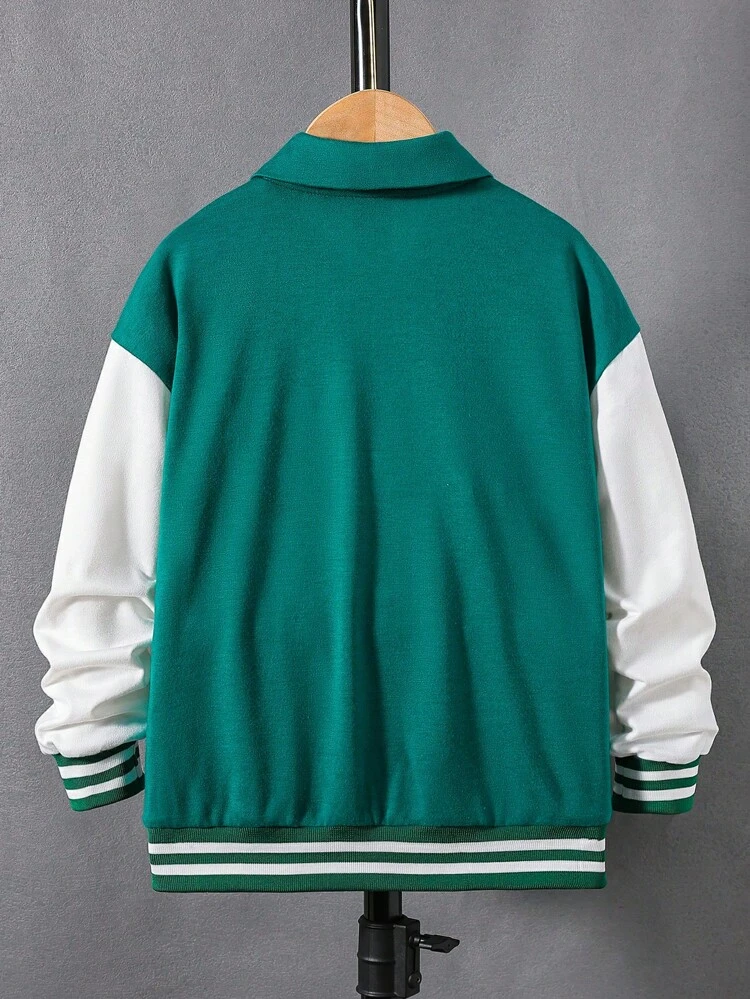 Tween Boy Letter Graphic Striped Trim Drop Shoulder Two Tone Varsity Jacket Without Hoodie