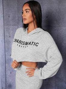 SHEIN PETITE Đồ họa Chữ cái Thả vai Áo hoodie ngắn - Màu Xám nhạt - Xem 5