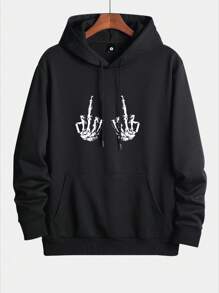 Men Skeleton Print Pocket Drawstring Hoodie, For Halloween - Black - View 1