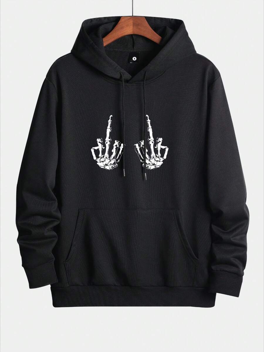 Men Skeleton Print Pocket Drawstring Hoodie, For Halloween - Black - View 1
