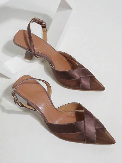 Fall/Winter Women's Minimalist Mesh Detail Heeled Sandals, Cross Over Satin Fabric High Heels For Outdoor & Daily Wear In Summer,Elegant,Party,Kitten Heels