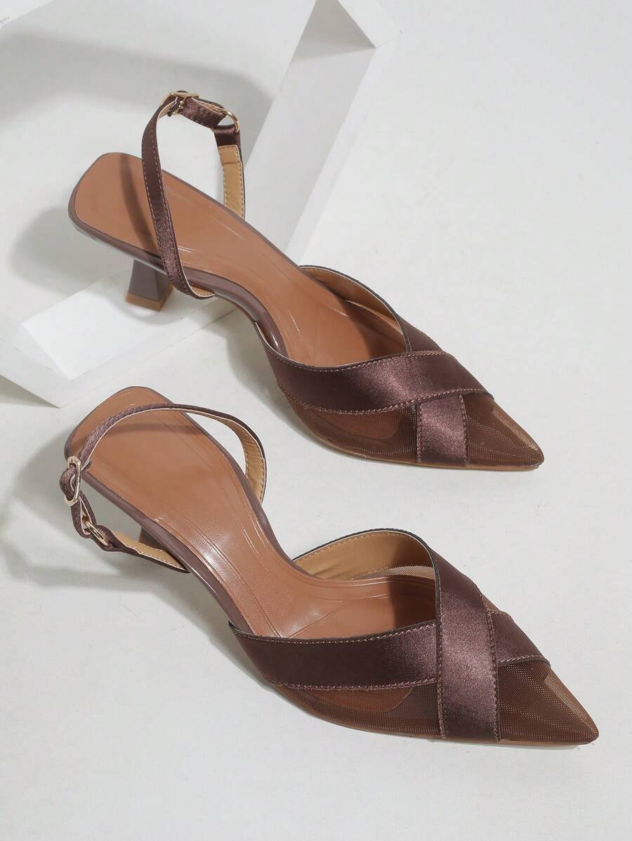 女士简约网眼细节高跟凉鞋，交叉缎面高跟鞋，适合夏季户外及日常穿着，优雅，适合派对，猫跟