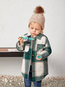 SHEIN Baby Girl Plaid Print Flap Pocket Drop Shoulder Overcoat - Green - View 3