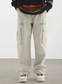 Manfinity Roghcode Men's Loose Fit Flap Pockets Cargo Pants, Plain Long Baggy Pants, For Husband, Boyfriend Gifts, For Fall - Apricot - View 5