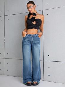 SHEIN ICON Raw Hem Wide Leg Jeans - Medium Wash - View 2