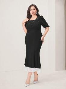 Modelyn Plus Pearls Beaded Puff Sleeve Mermaid Hem Dress