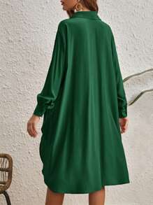 SHEIN VCAY Solid Button Front High Low Hem Shirt - Green - View 2